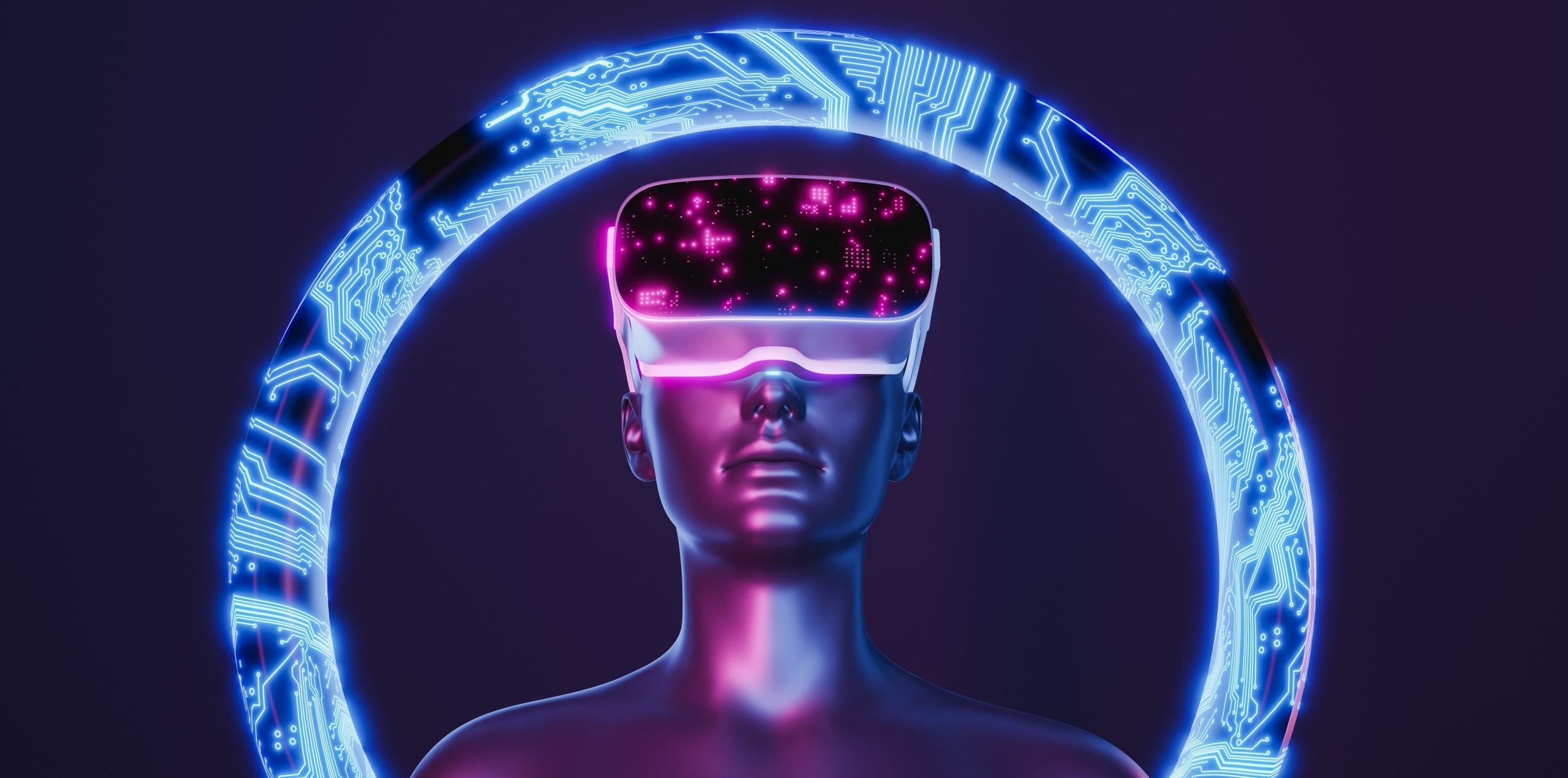3d girl with VR glasses and an electronic hoop behind